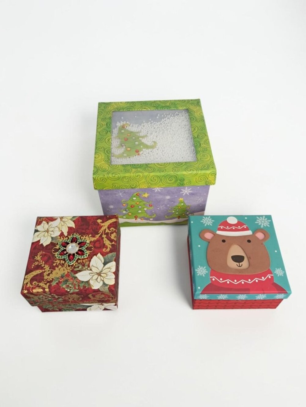 3-Piece Christmas Gift Box Set – 3D Winter Bear, Shaker Window & Red Poinsettia